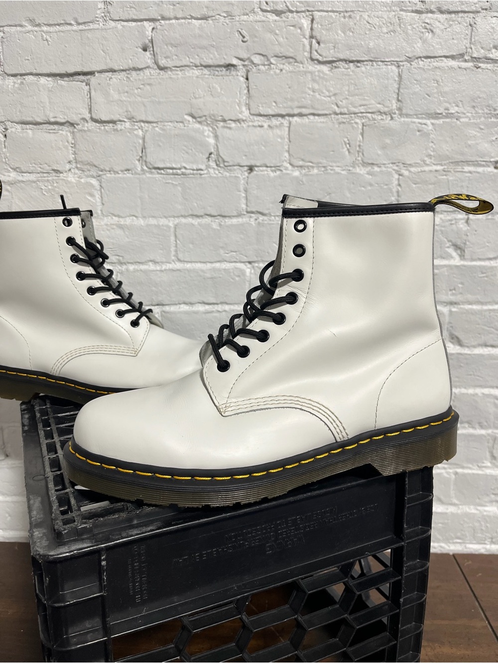 Dr. Martens White Leather Lace-Up Combat Boots with Yellow Stitching